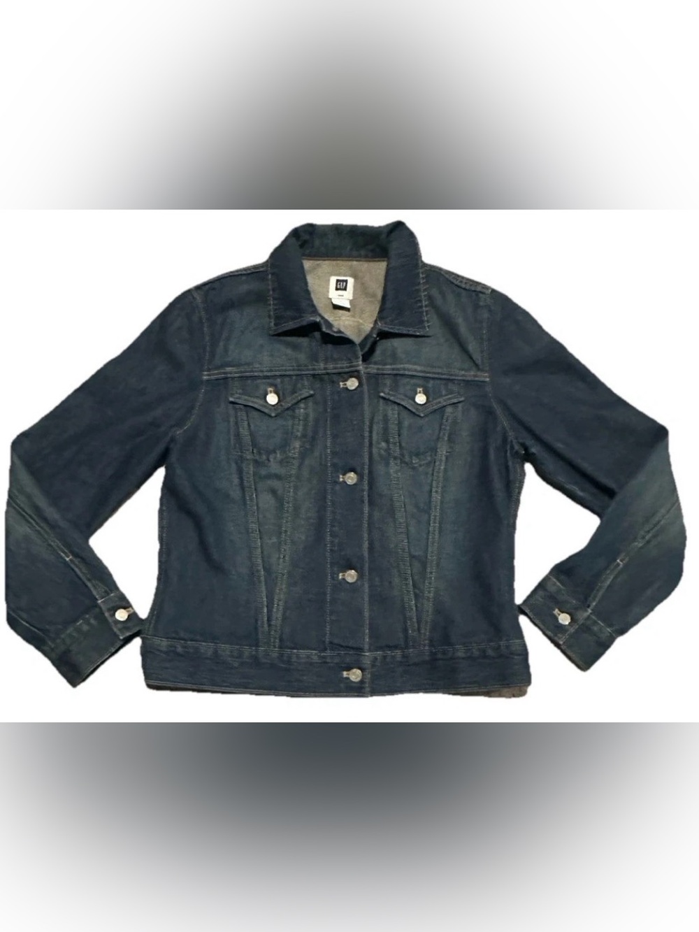 GAP Classic Denim Jacket Women's Size Large Dark Wash Blue Jean Trucker EUC